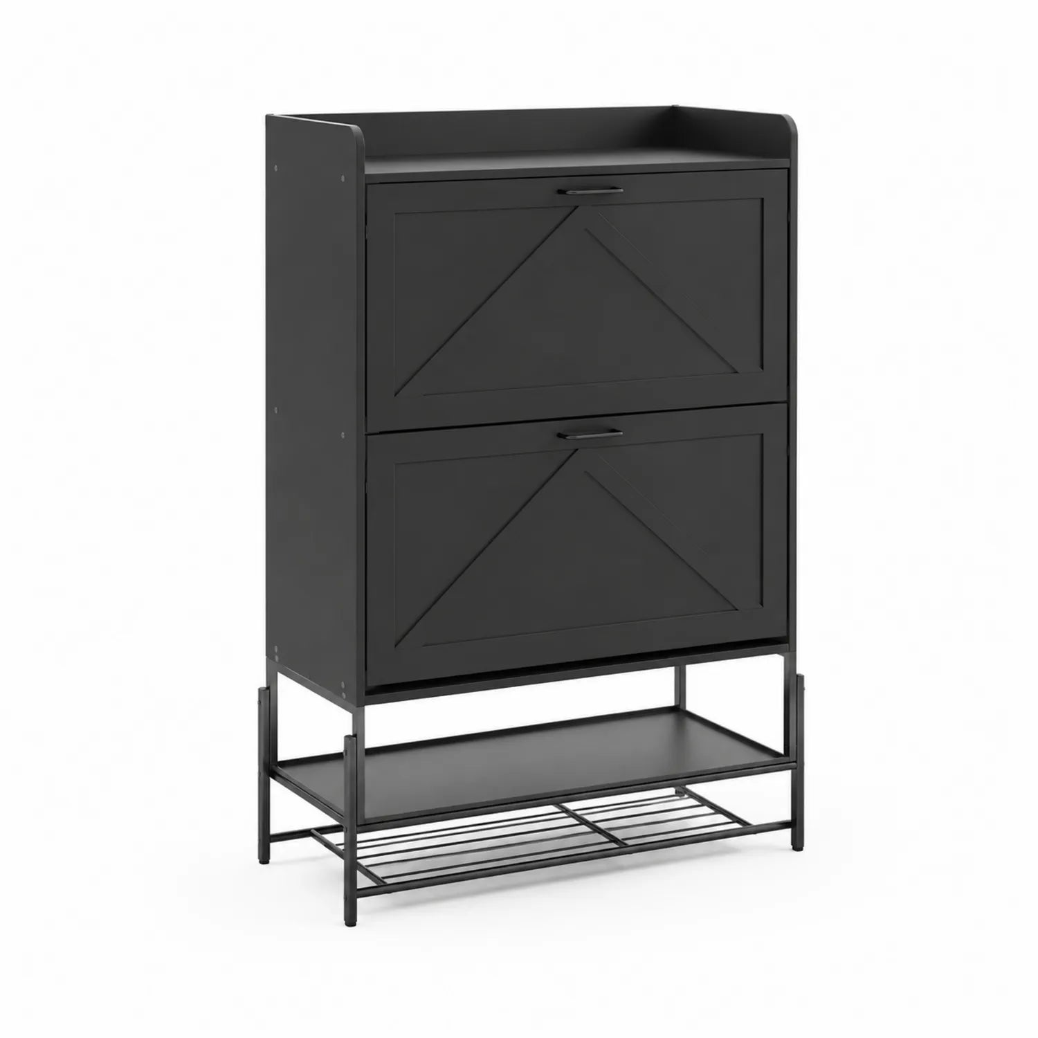 Meuble à chaussures en métal noir avec 2 portes basculantes et étagère