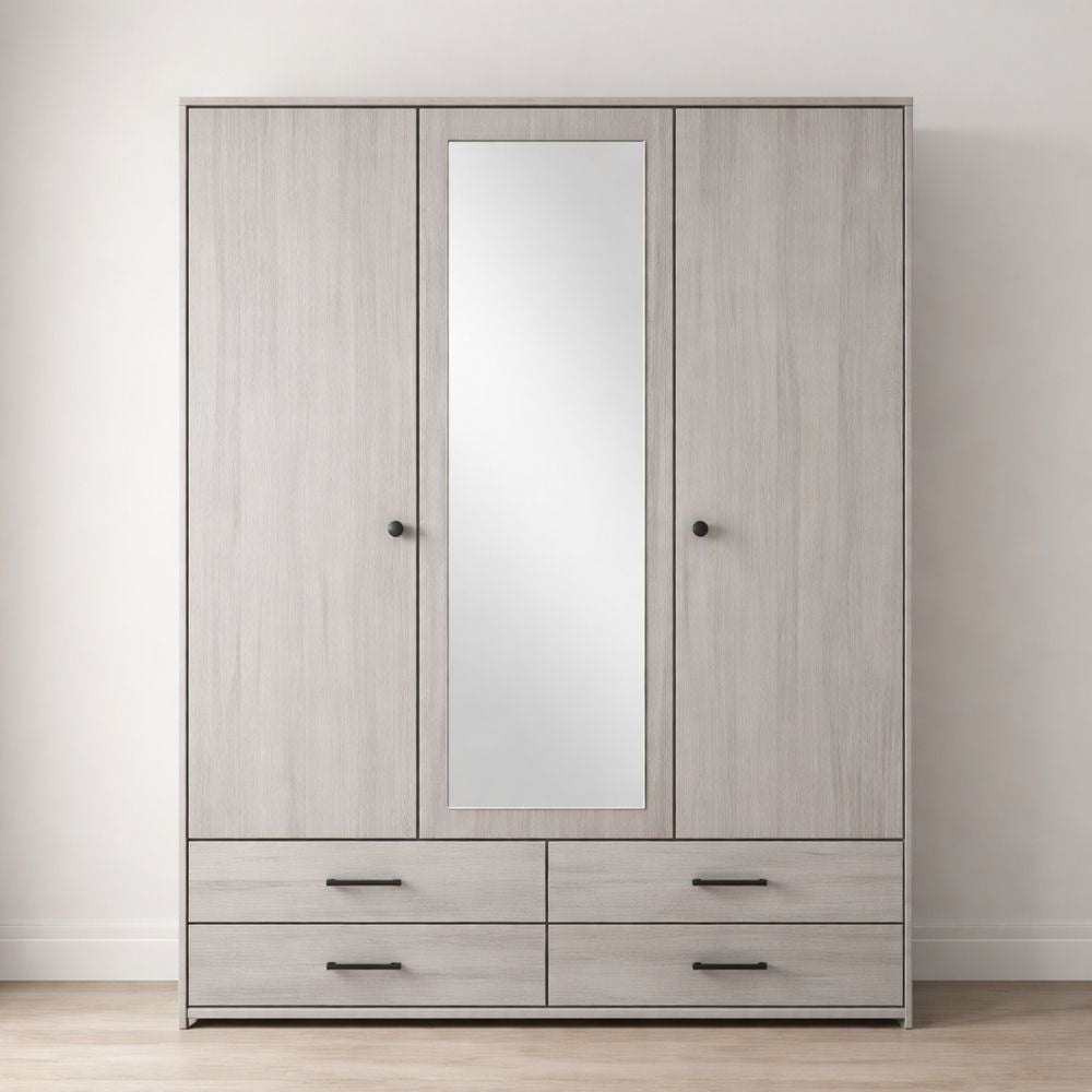 3-Door Wooden Wardrobe with Mirror and Drawers Gray 200x140x50 cm