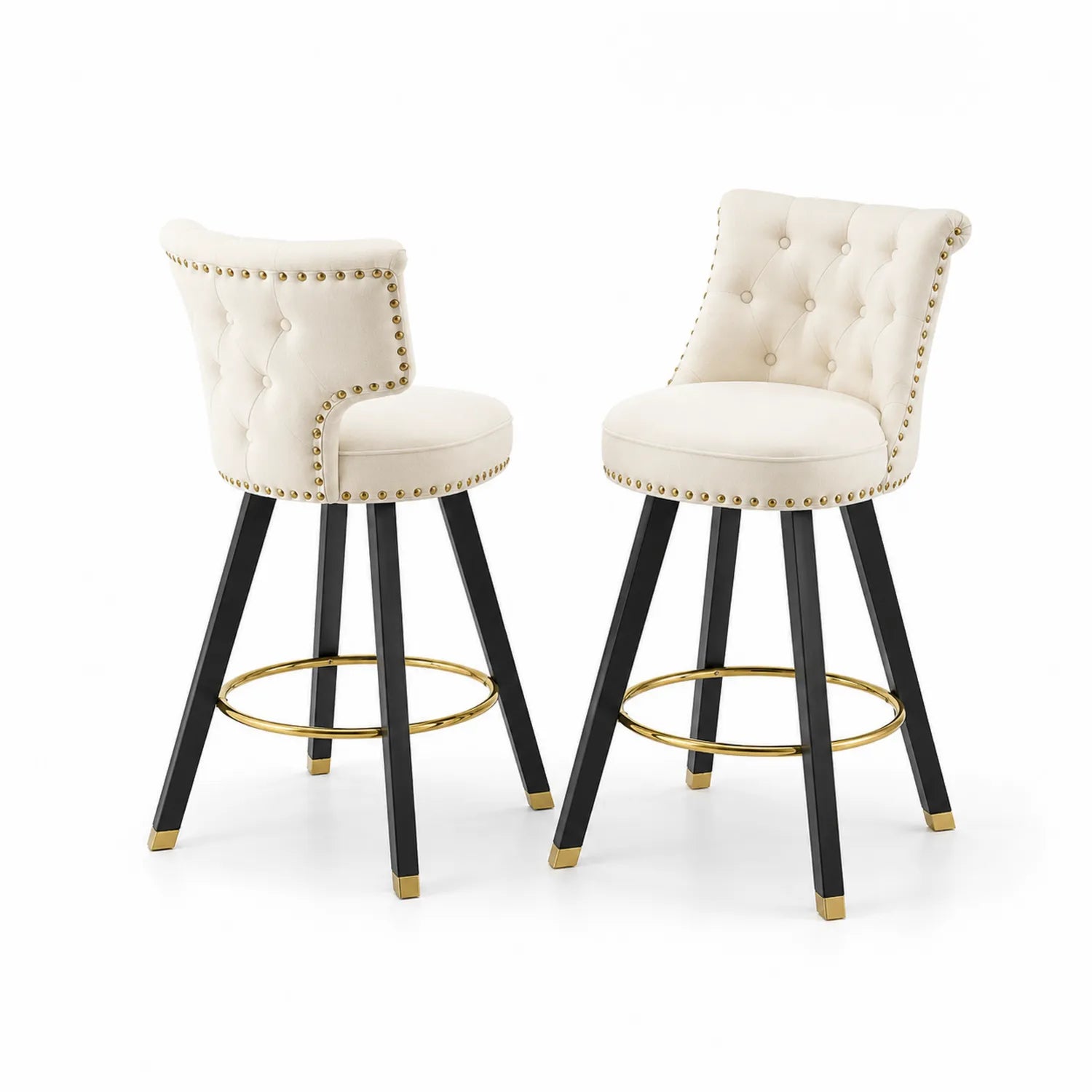 Lot de 2 tabourets de bar en tissu avec dossier matelassé, Clous décoratifs en métal doré, Crème/Noir