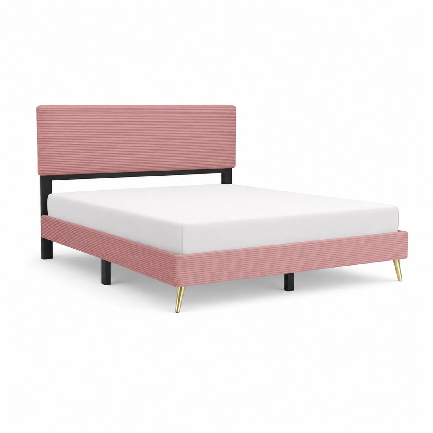 Lit double en tissu rose avec pieds métalliques en or