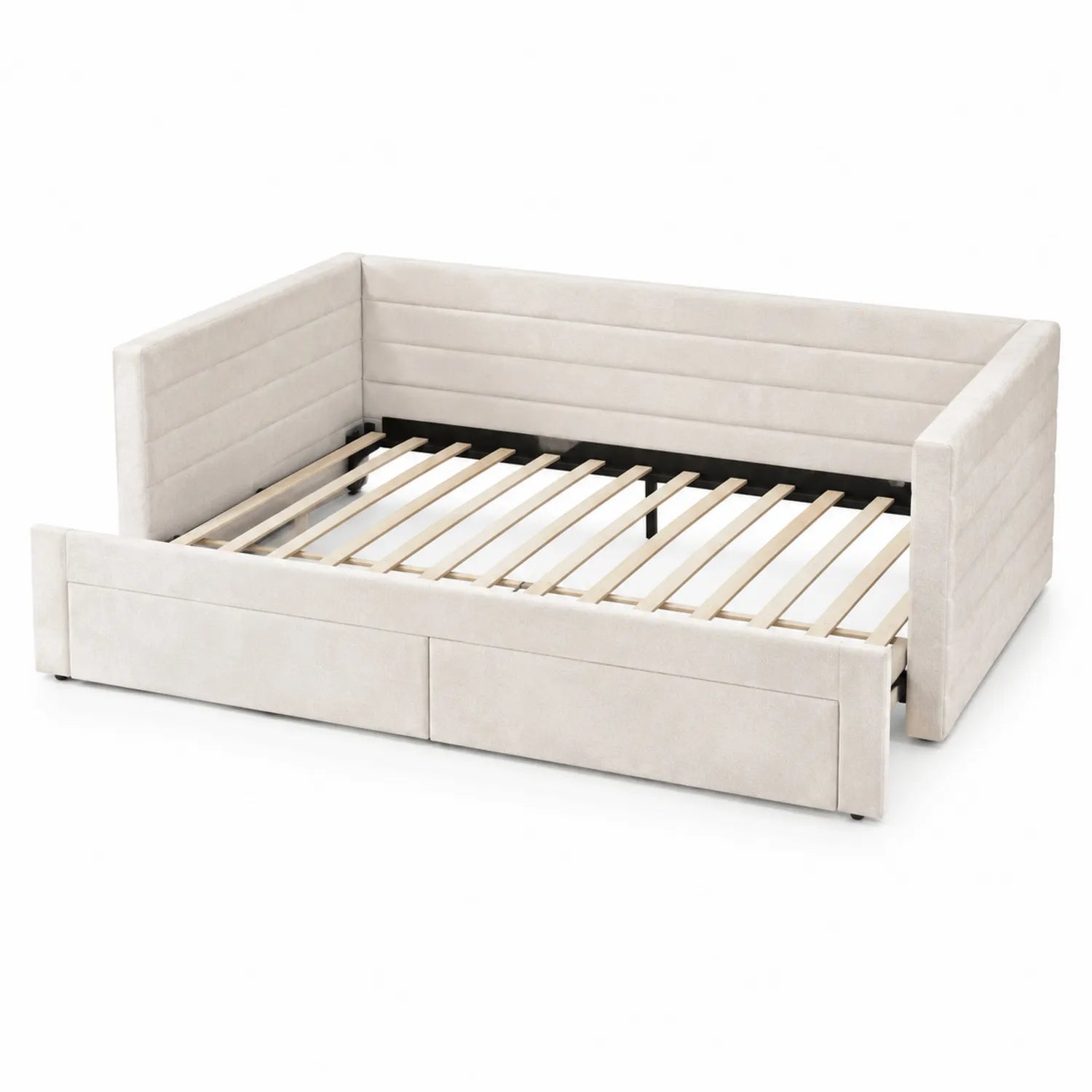 Lit banquette en bois avec tiroirs en velours Beige