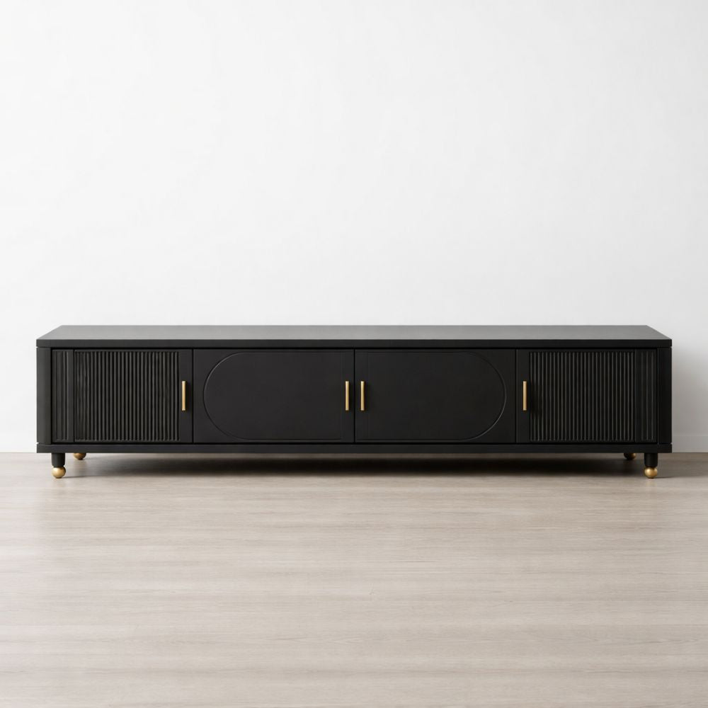 Black Metal TV Stand with Brass Handles and Ribbed Doors 70in
