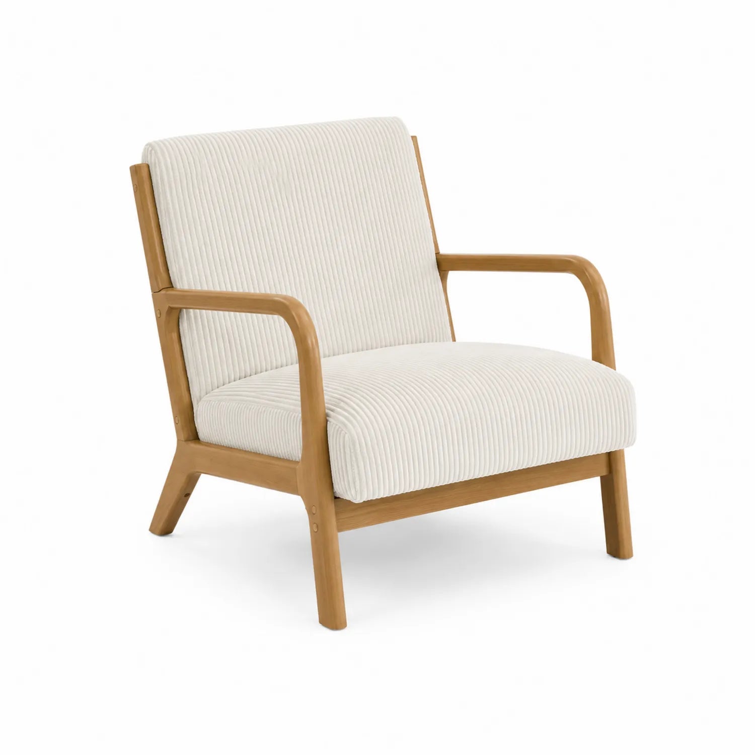 Fauteuil lounge en tissu côtelé beige et bois