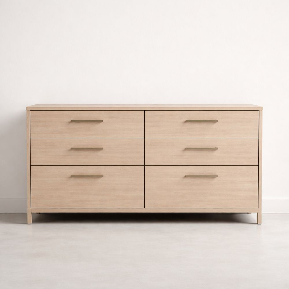 Six-drawer cabinet with solid wood veneer finish, 148 cm × 48 cm × 82 cm, beige
