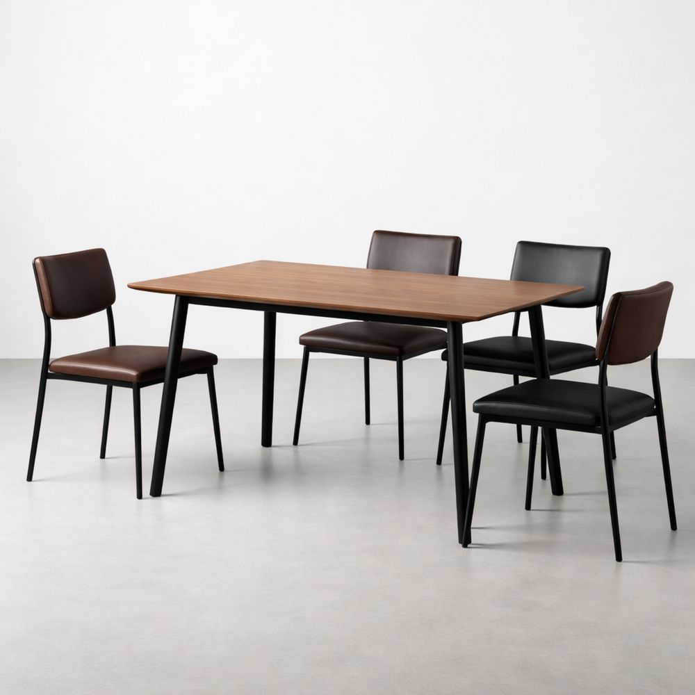 Dining Table Set with Faux Leather Chairs Wood Top Metal Frame Brown Black