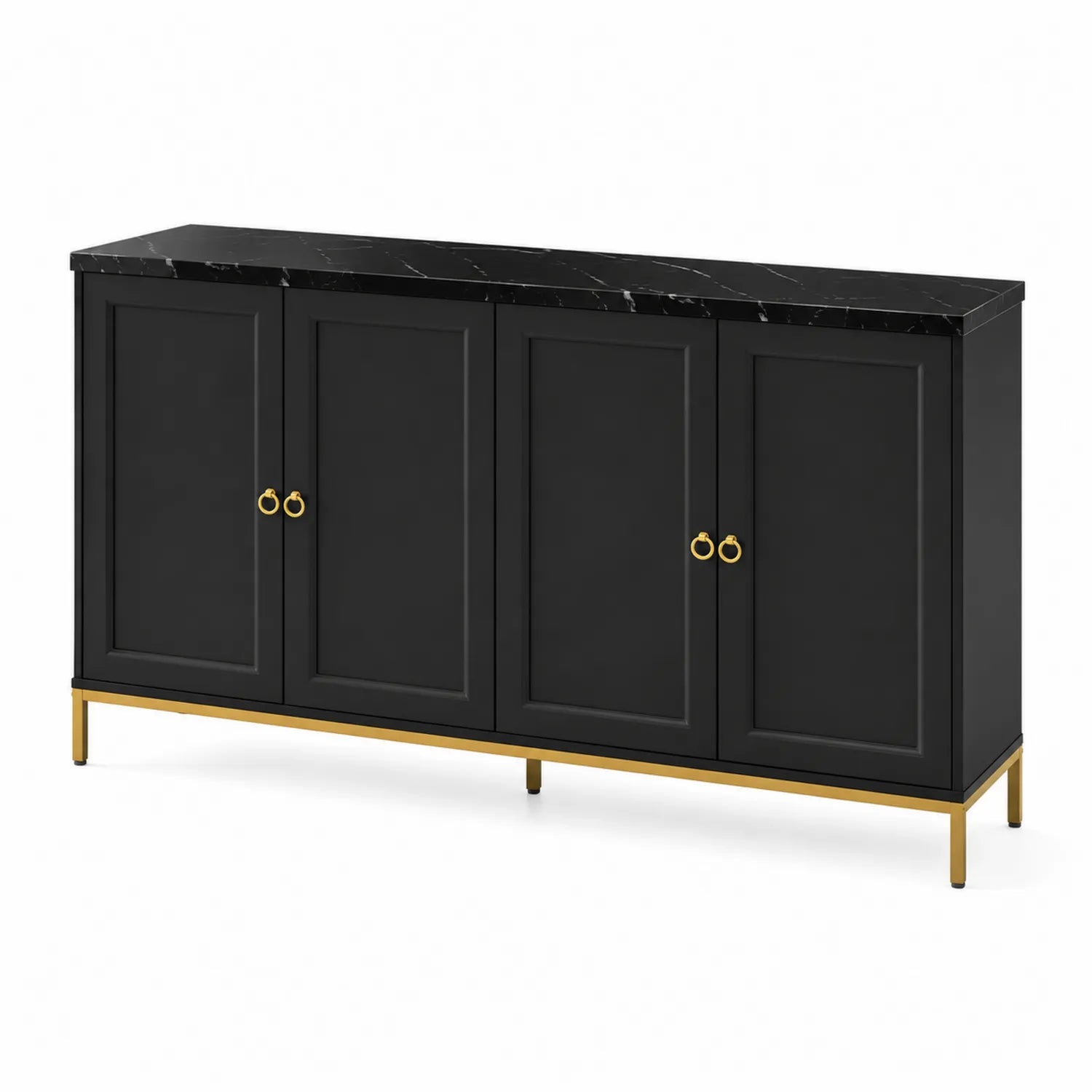 Buffet en bois noir 4 portes avec dessus en marbre et pieds dorés