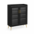 Buffet en bois noir avec portes en verre trempé rainuré et métal doré