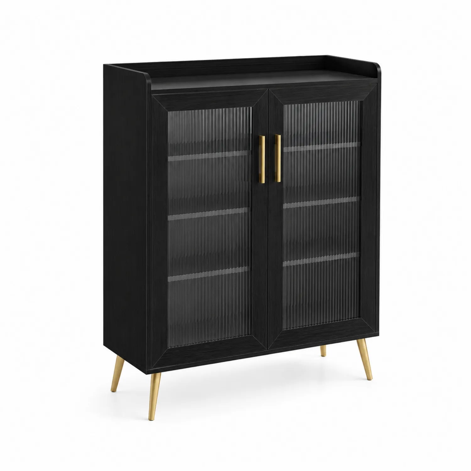 Buffet en bois noir avec portes en verre trempé rainuré et métal doré