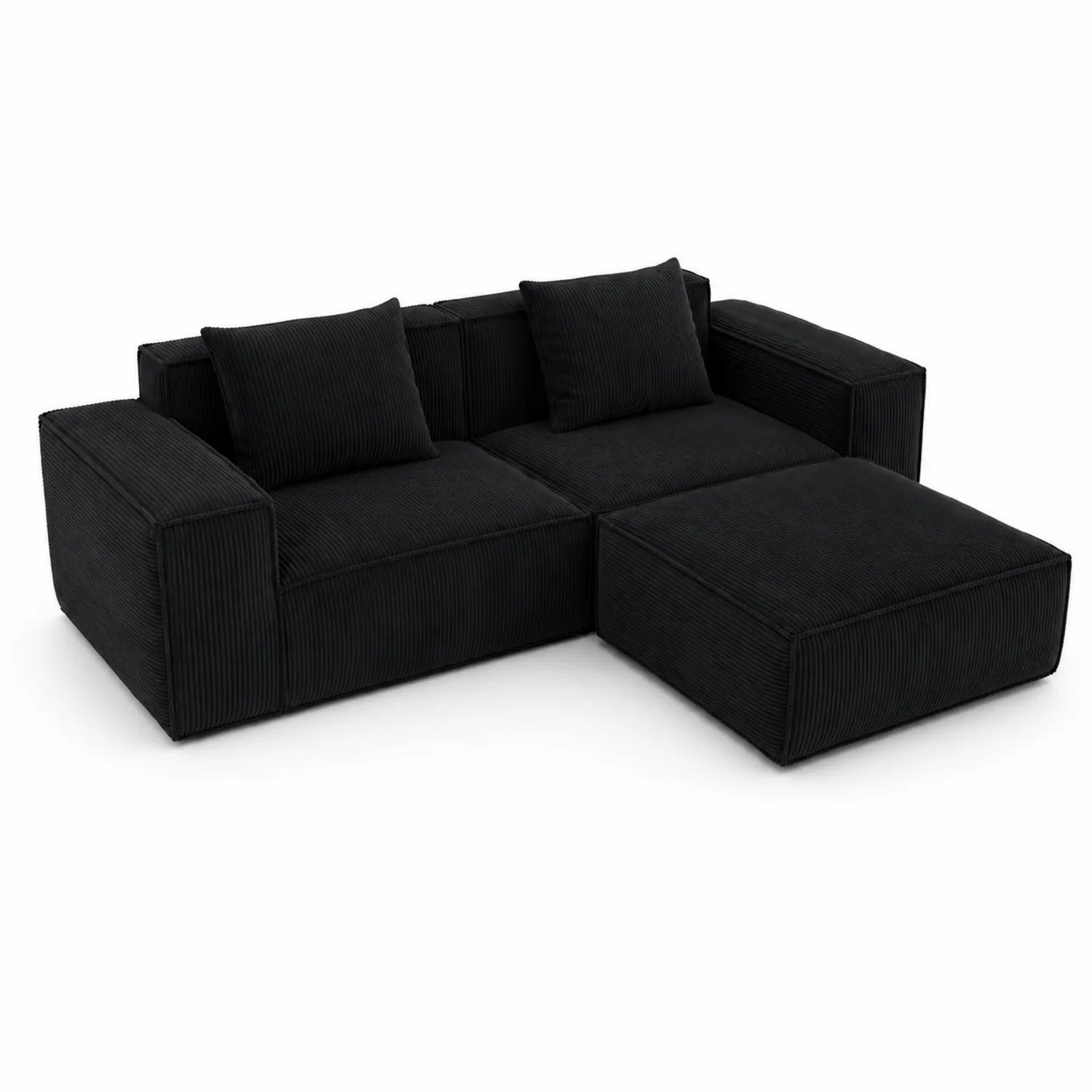 Canapé d'angle en velours côtelé noir avec pouf