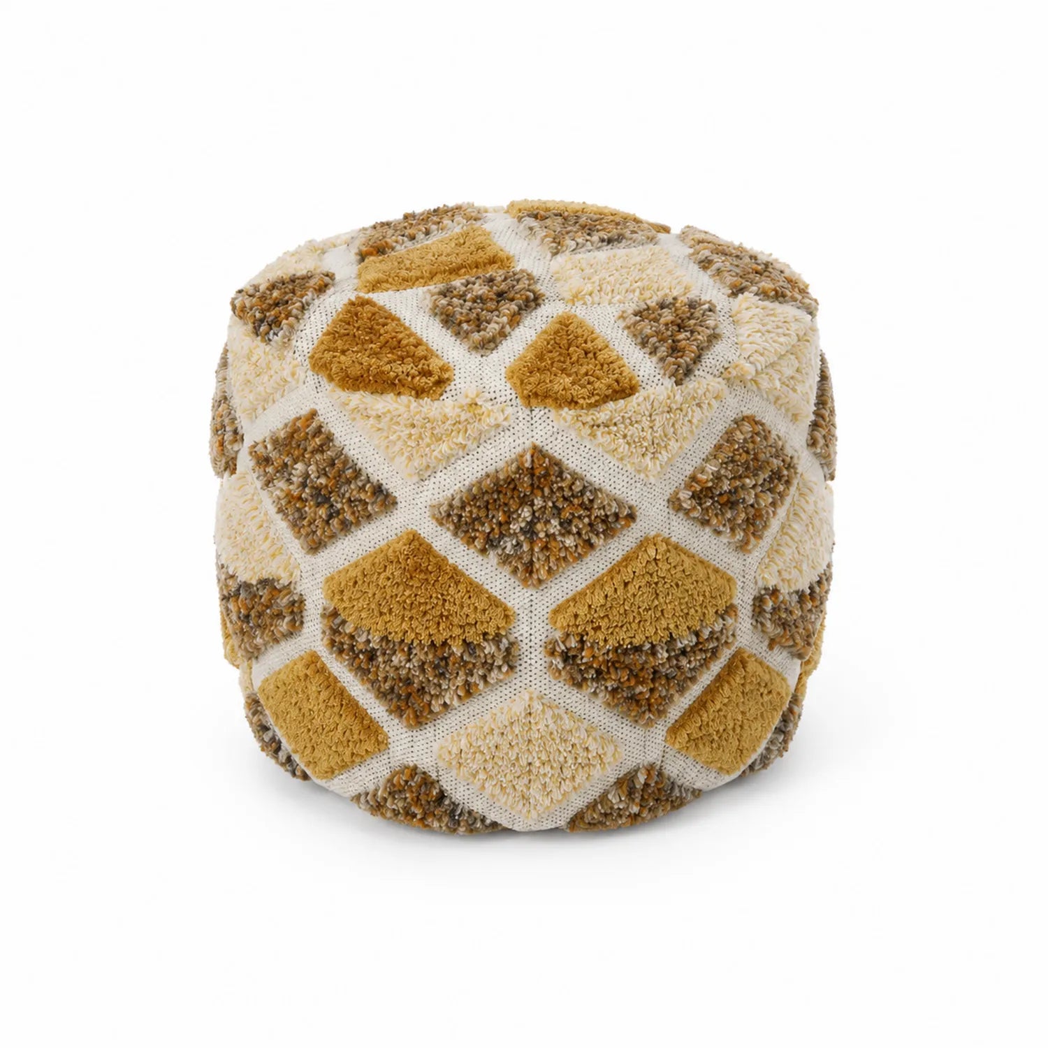 Pouf en tissu avec motif géométrique jaune, marron, beige