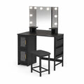 Coiffeuse d'angle avec miroir LED et tabouret, bois MDF, Noir