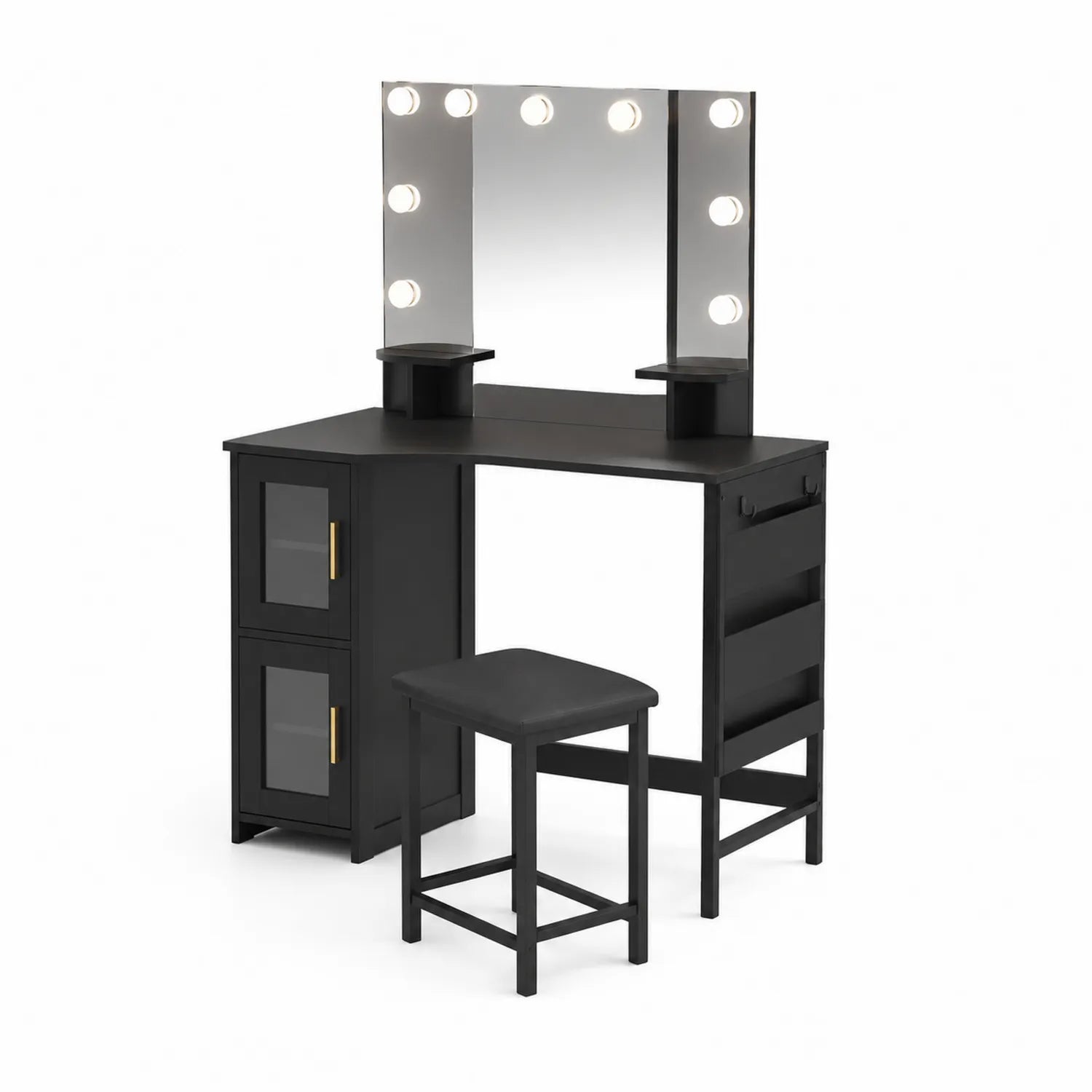 Coiffeuse d'angle avec miroir LED et tabouret, bois MDF, Noir