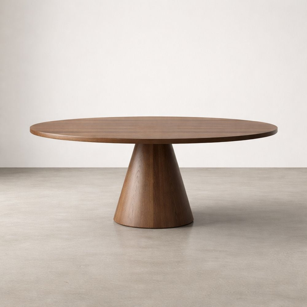 Round Wood Dining Table 150cm Diameter Cone Base Brown