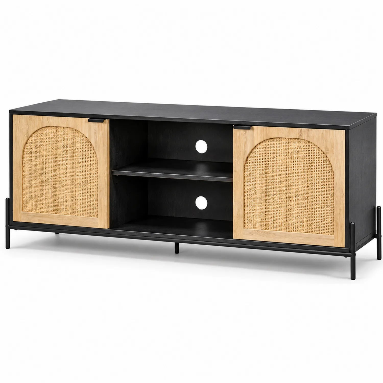 Meuble TV en métal noir et portes en bois et rotin