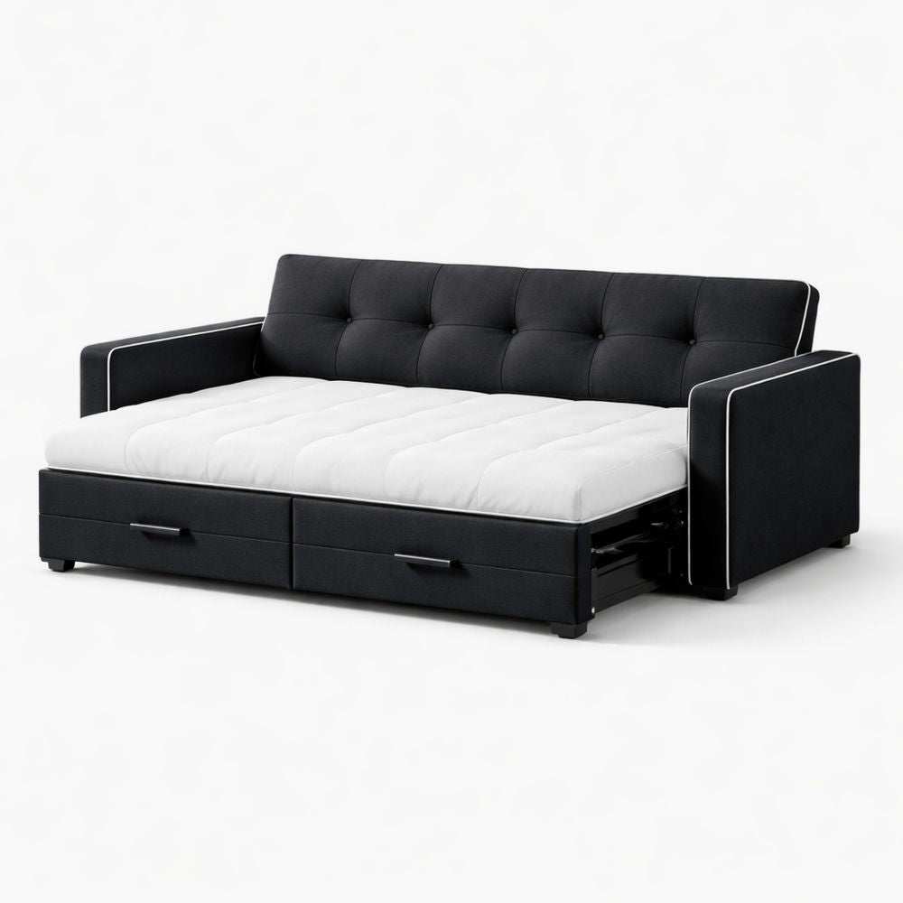 Convertible Sleeper Sofa with Storage Drawers Polyester Black/White 200cm