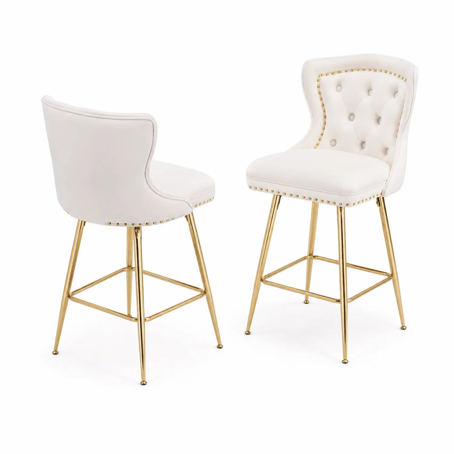 Tabourets de bar en cuir synthétique blanc et métal doré, lot de 2