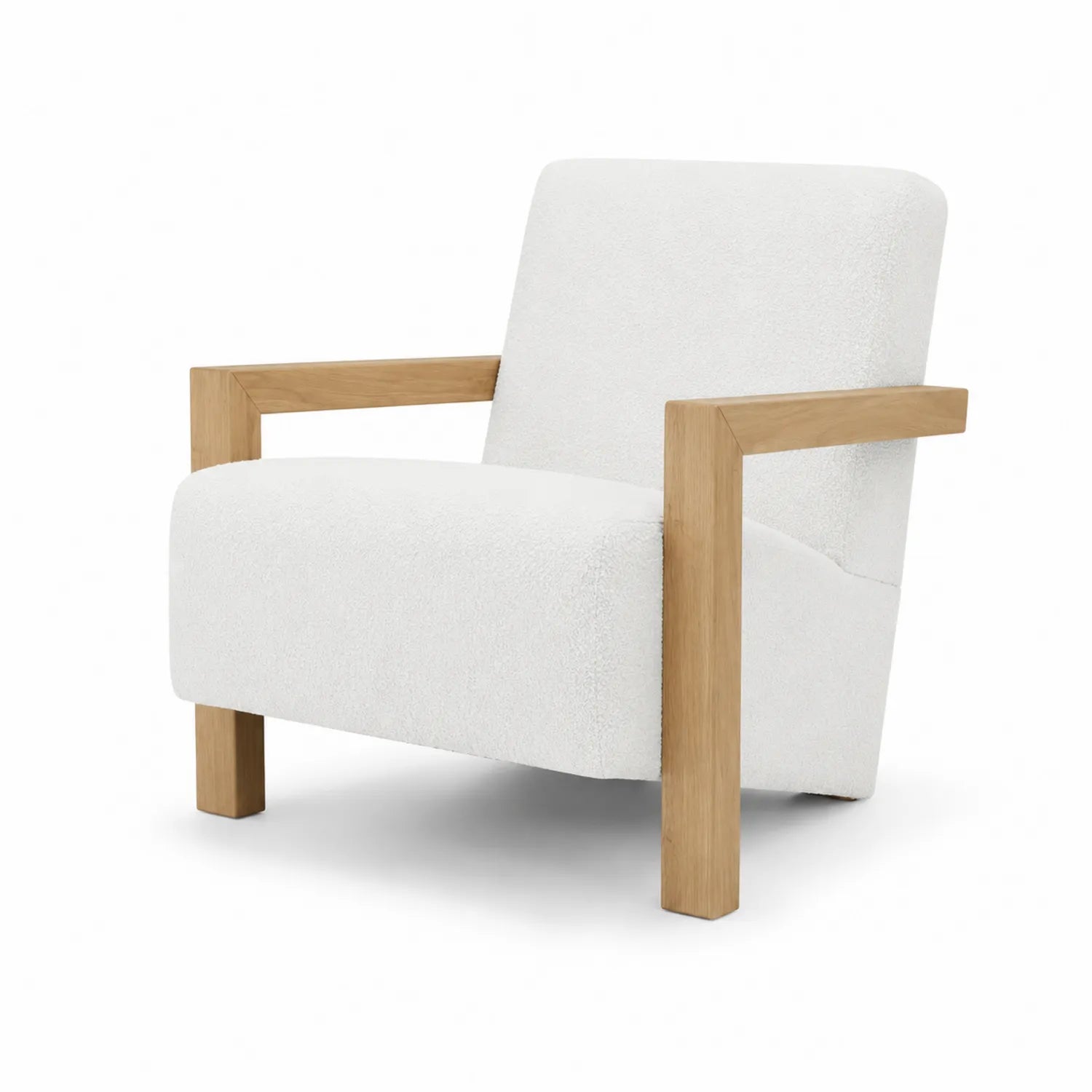 Fauteuil en bois avec tissu bouclé blanc