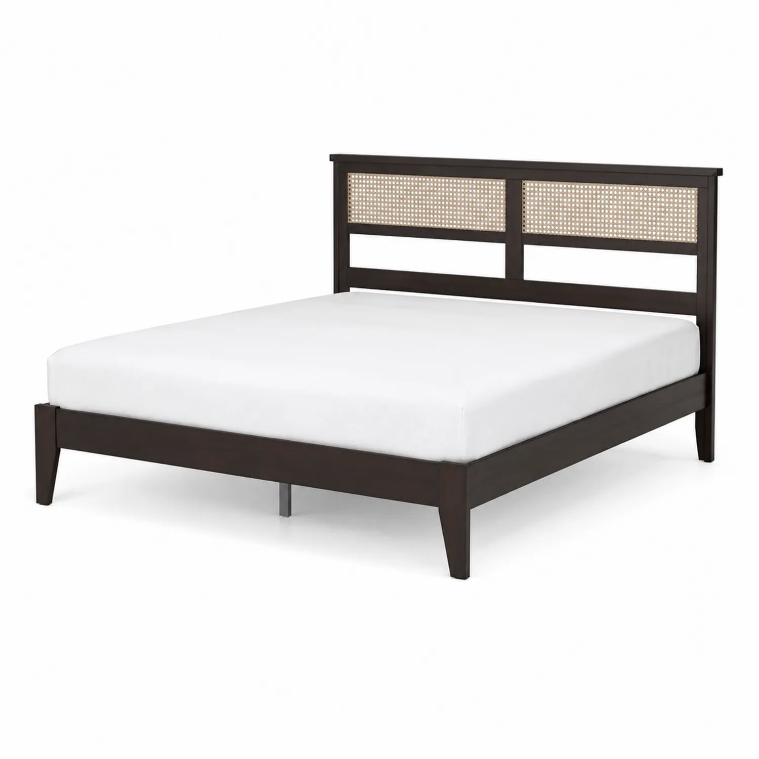 Lit double en bois avec tête de lit en rotin - 200x160 cm - Marron