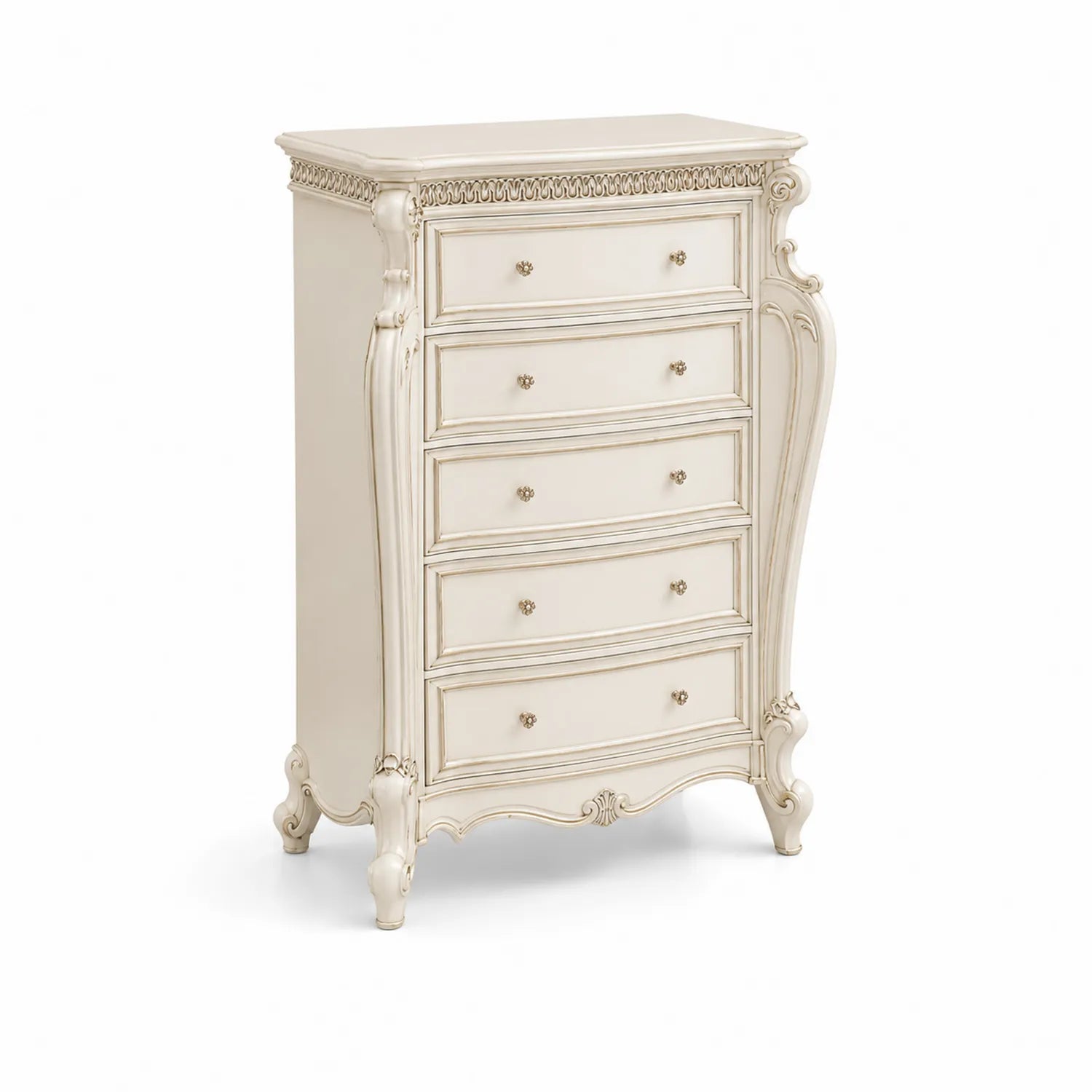Commode 5 tiroirs en bois couleur Ivoire 120x60x140 cm