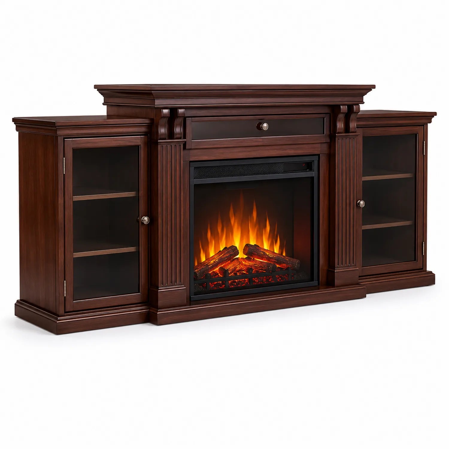 Meuble TV avec Cheminée Électrique en Bois et Verre Trempé Marron