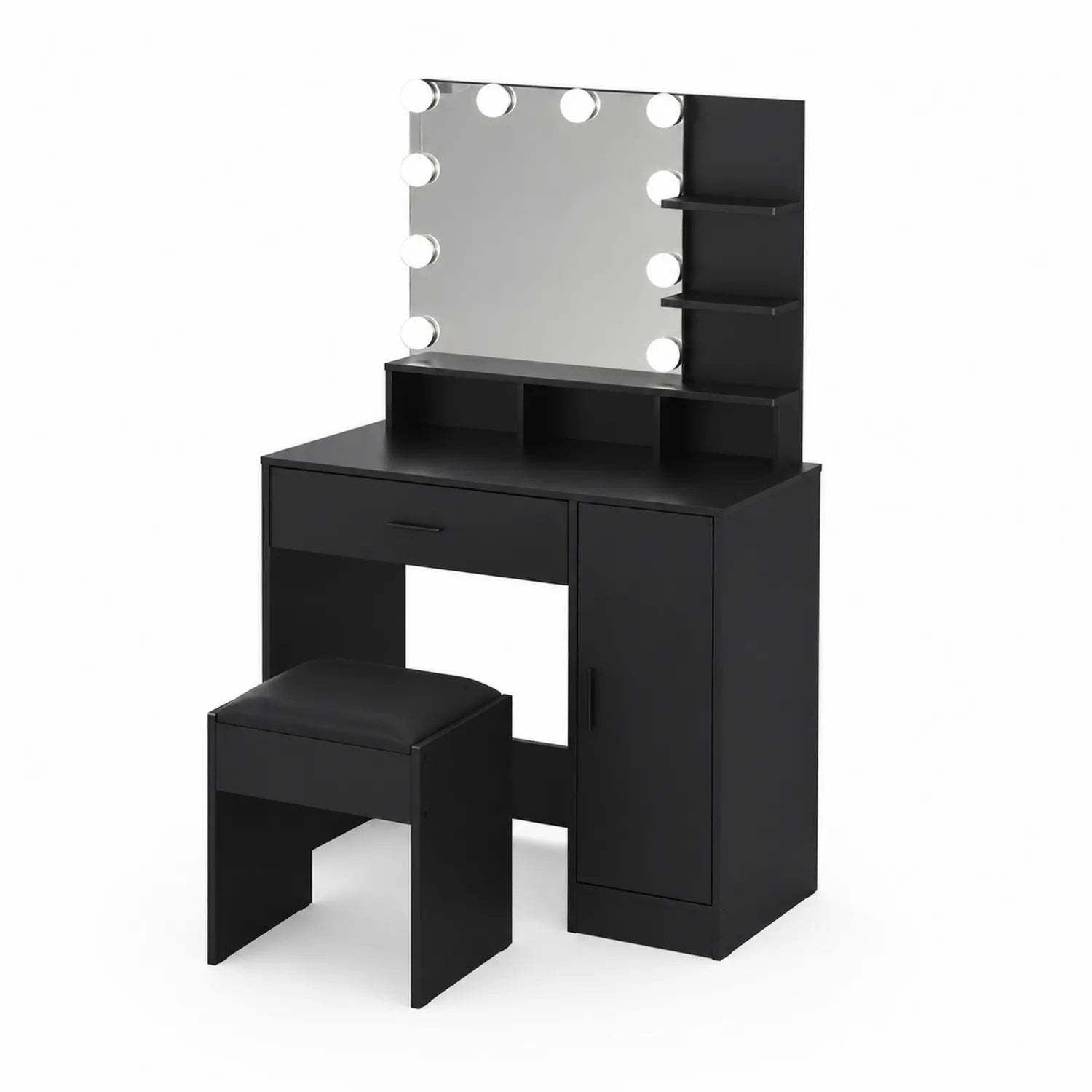Coiffeuse en bois avec miroir LED et tabouret Noir