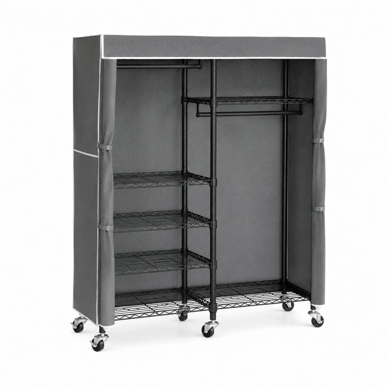 Armoire à roulettes en métal et tissu gris avec étagères