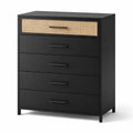 Black Wooden Dresser with Woven Cane Drawer Front 5 Drawers