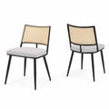 Chaise en métal avec dossier en rotin et assise en tissu gris