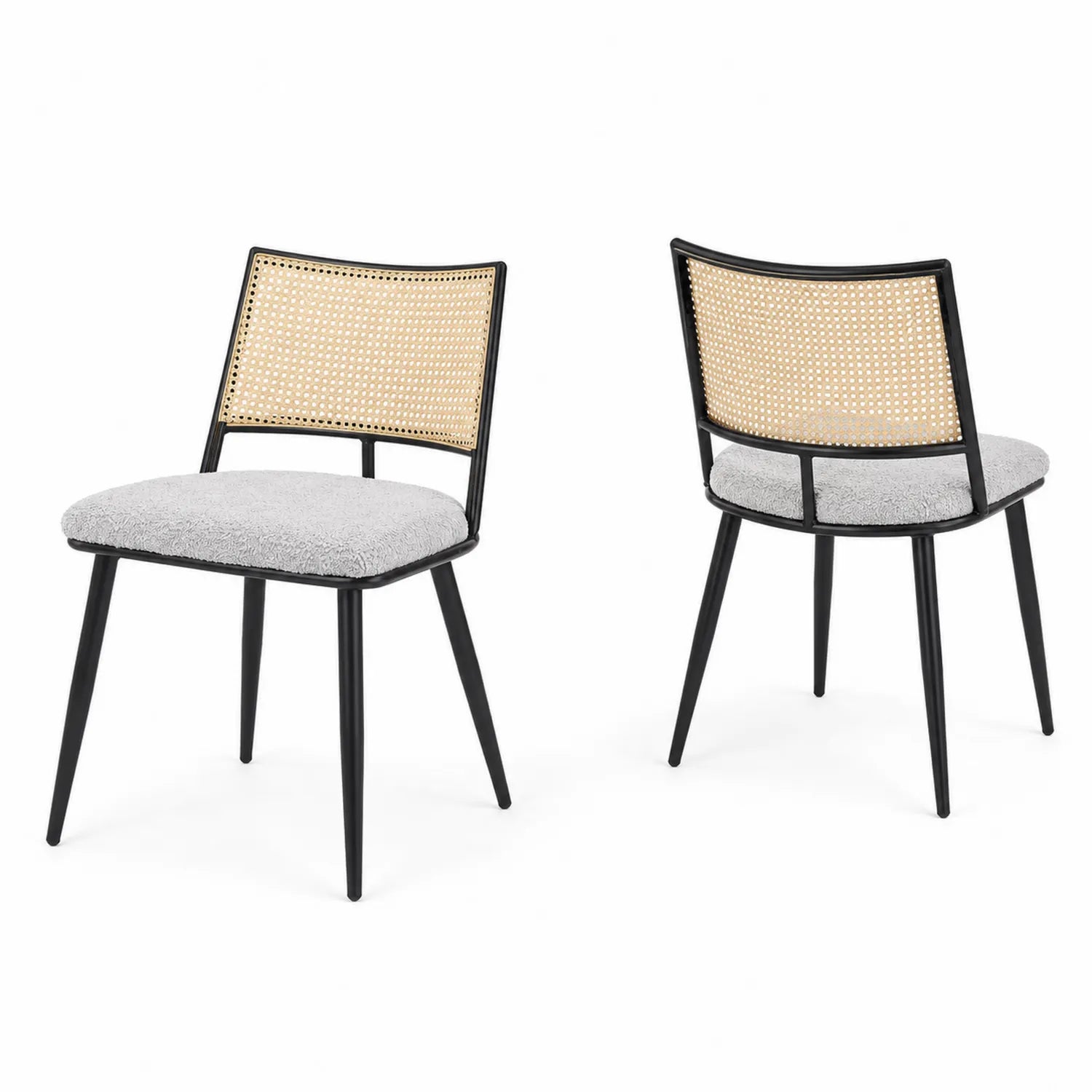 Chaise en métal avec dossier en rotin et assise en tissu gris