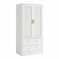 Armoire blanche avec portes louvées en bois et 2 tiroirs