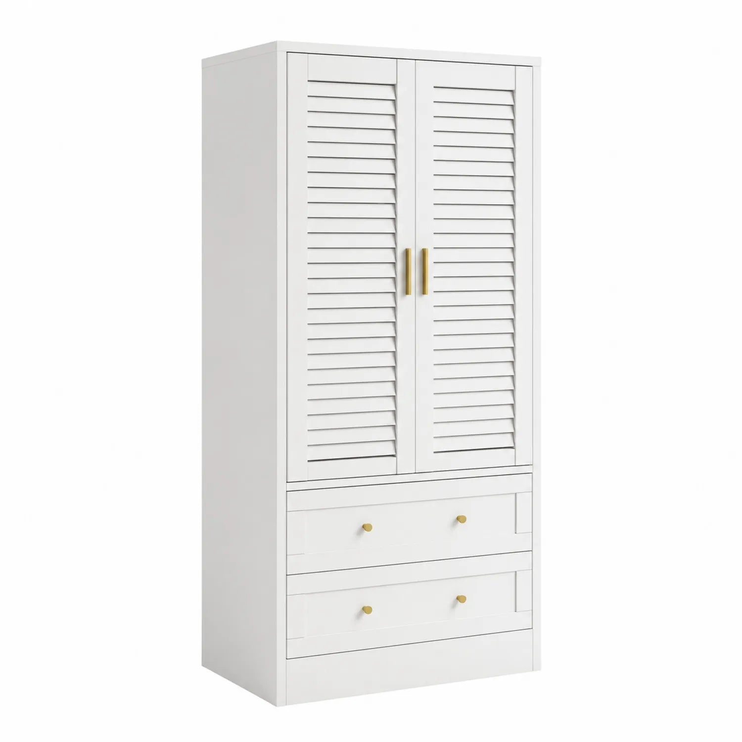 Armoire blanche avec portes louvées en bois et 2 tiroirs
