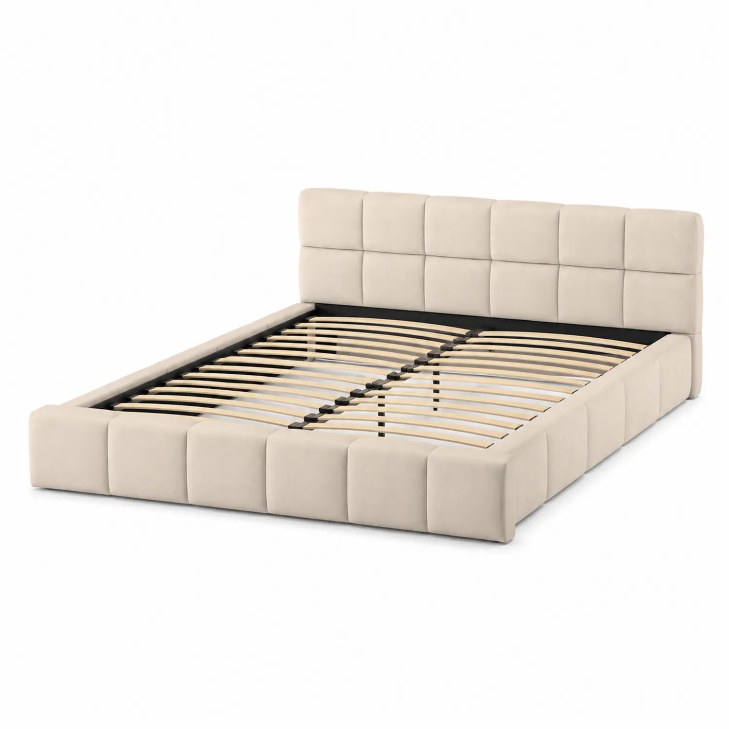 Lit double en bois et similicuir beige 200x160 cm
