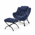 Fauteuil et Repose-pieds en Velours Côtelé Bleu avec Structure Métallique