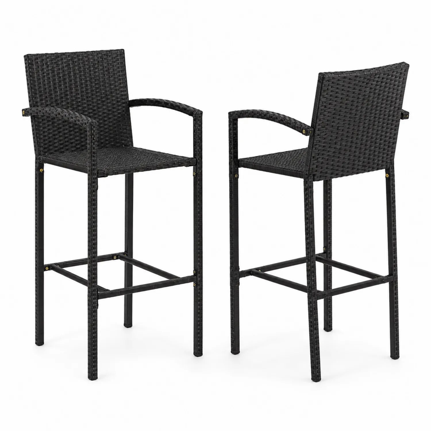 Tabourets de bar en résine tressée noire avec accoudoirs, lot de 2