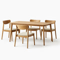 Solid Oak Dining Table Set with Four Chairs Beige Seats