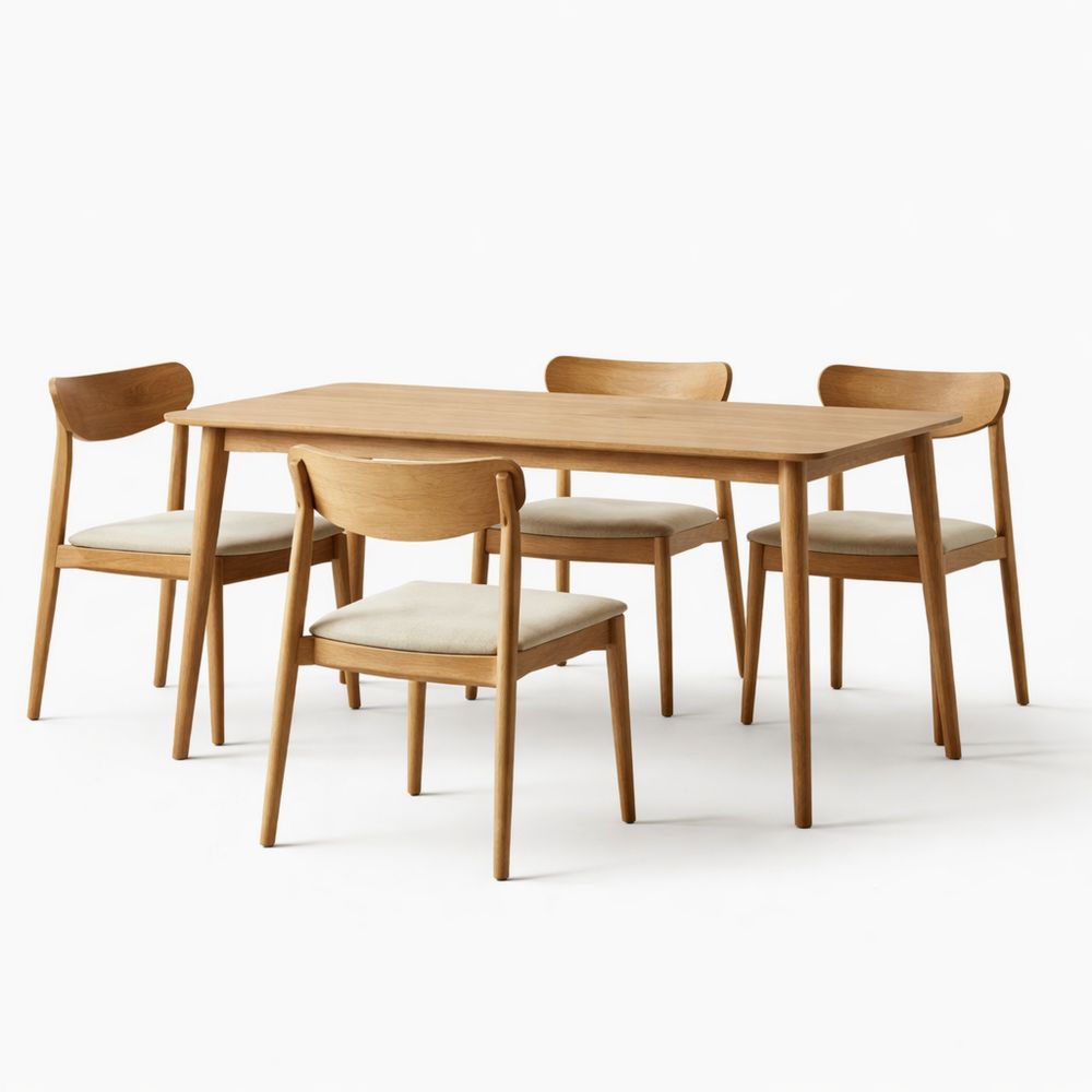 Solid Oak Dining Table Set with Four Chairs Beige Seats