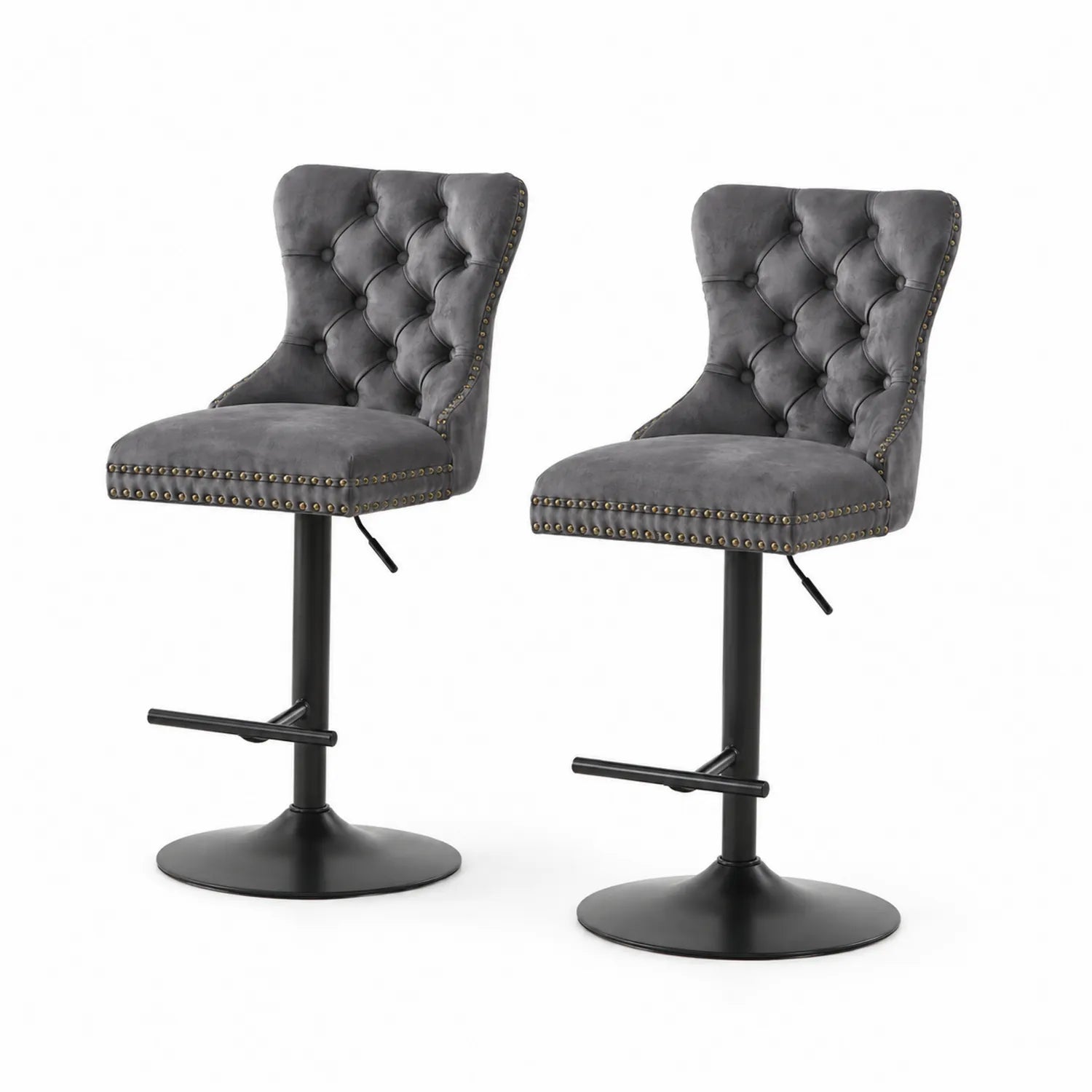 Lot de 2 tabourets de bar réglables en velours gris avec pieds en métal noir