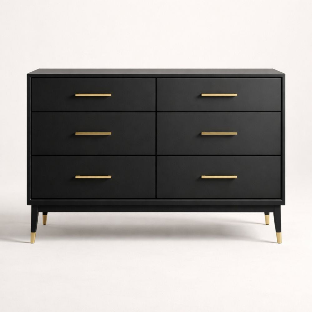 Black MDF six-drawer cabinet with metal handles