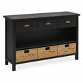 Console en bois avec tiroirs et paniers en osier
