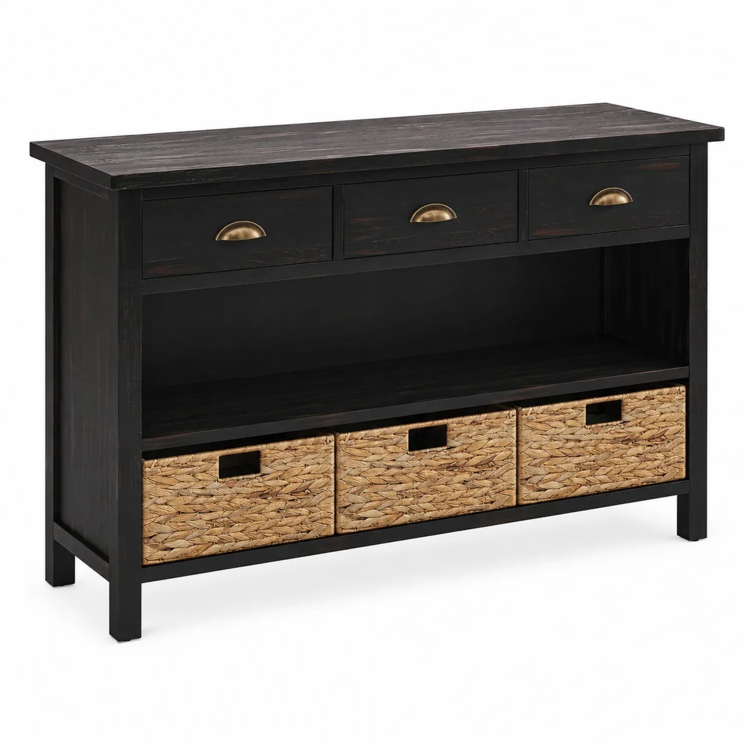 Console en bois avec tiroirs et paniers en osier