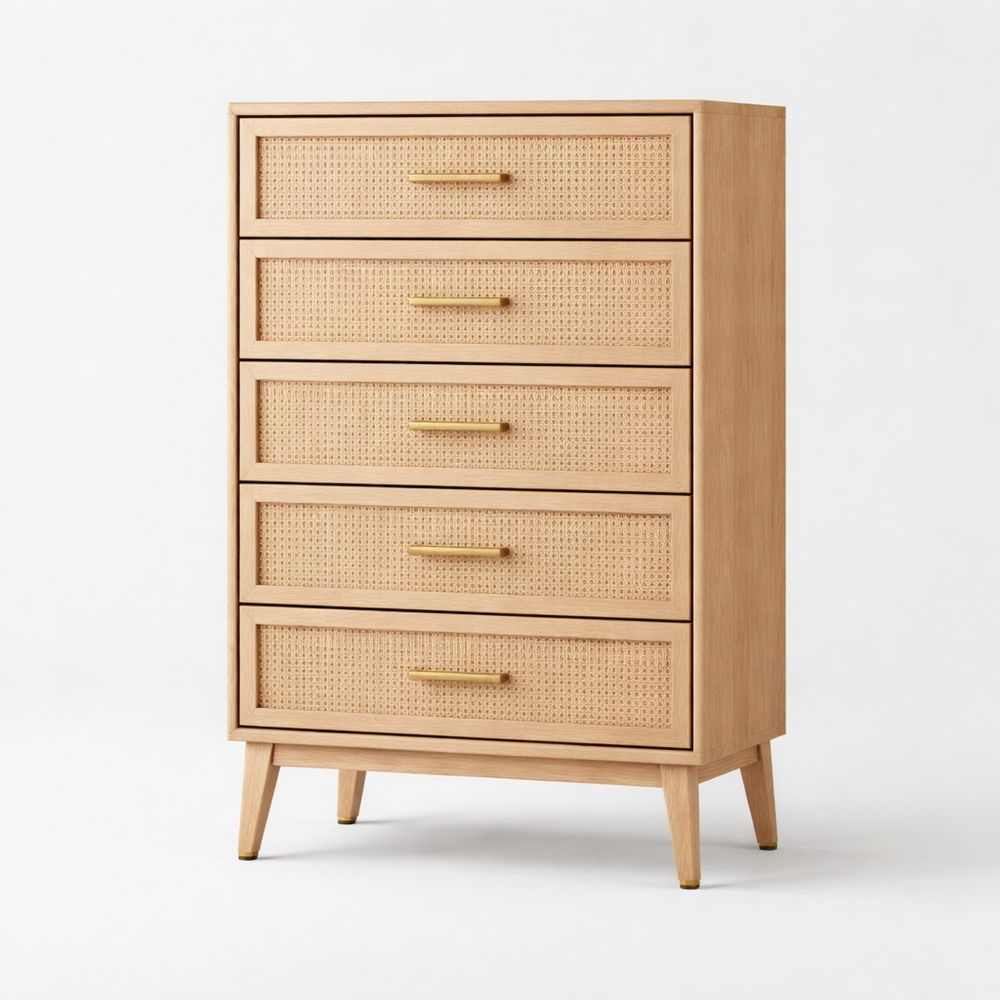 Wood Chest of Drawers with Rattan Front 5-Drawer Natural Finish