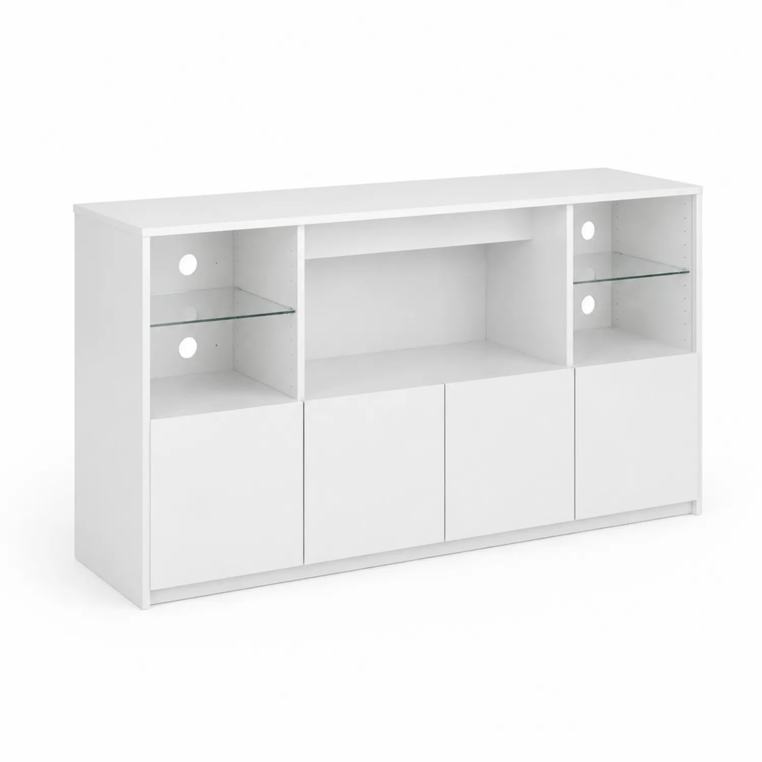 Meuble TV en Bois Blanc avec Étagères en Verre Trempé