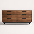 Walnut six-drawer cabinet with black metal legs, 160 cm