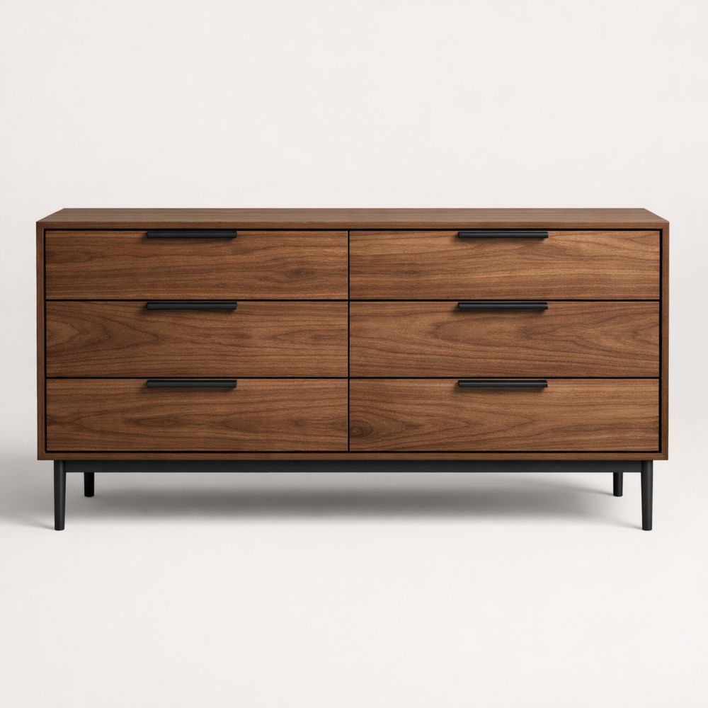 Walnut six-drawer cabinet with black metal legs, 160 cm